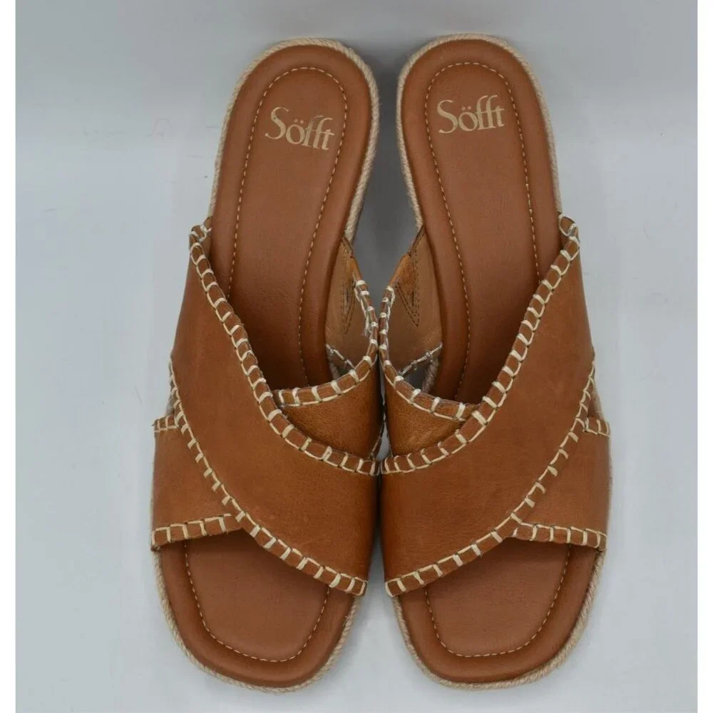 Sofft Womens Size 10 Indie Luggage Leather Espadrille Wedge Sandals‎ Shoes